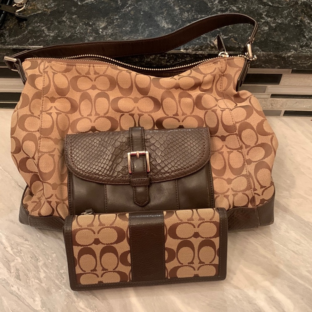 Coach Charlie Tan Brown Signature Python Hobo Shoulder Crossbody Bag & WALLET!!